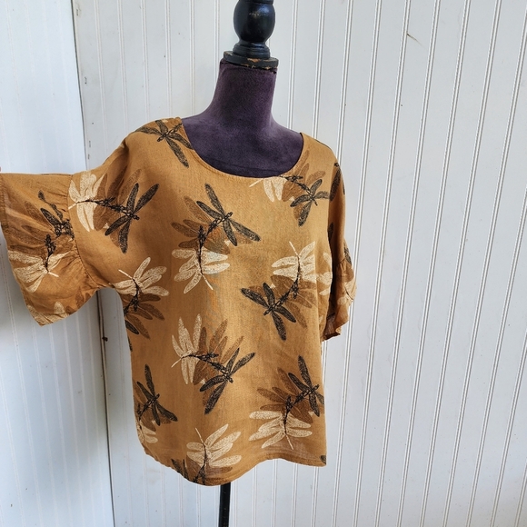 ELENA BALDI Italy Women's 100% Linen Dragonfly Ruffle Sleeve Top Brown Tan Sz S - Picture 2 of 11